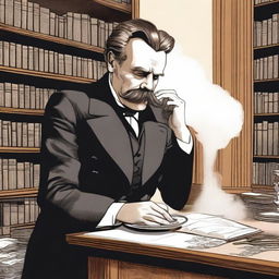 A detailed illustration of Friedrich Nietzsche snorting flour from a table