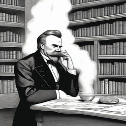 A detailed illustration of Friedrich Nietzsche snorting flour from a table