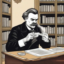 A detailed illustration of Friedrich Nietzsche snorting flour from a table