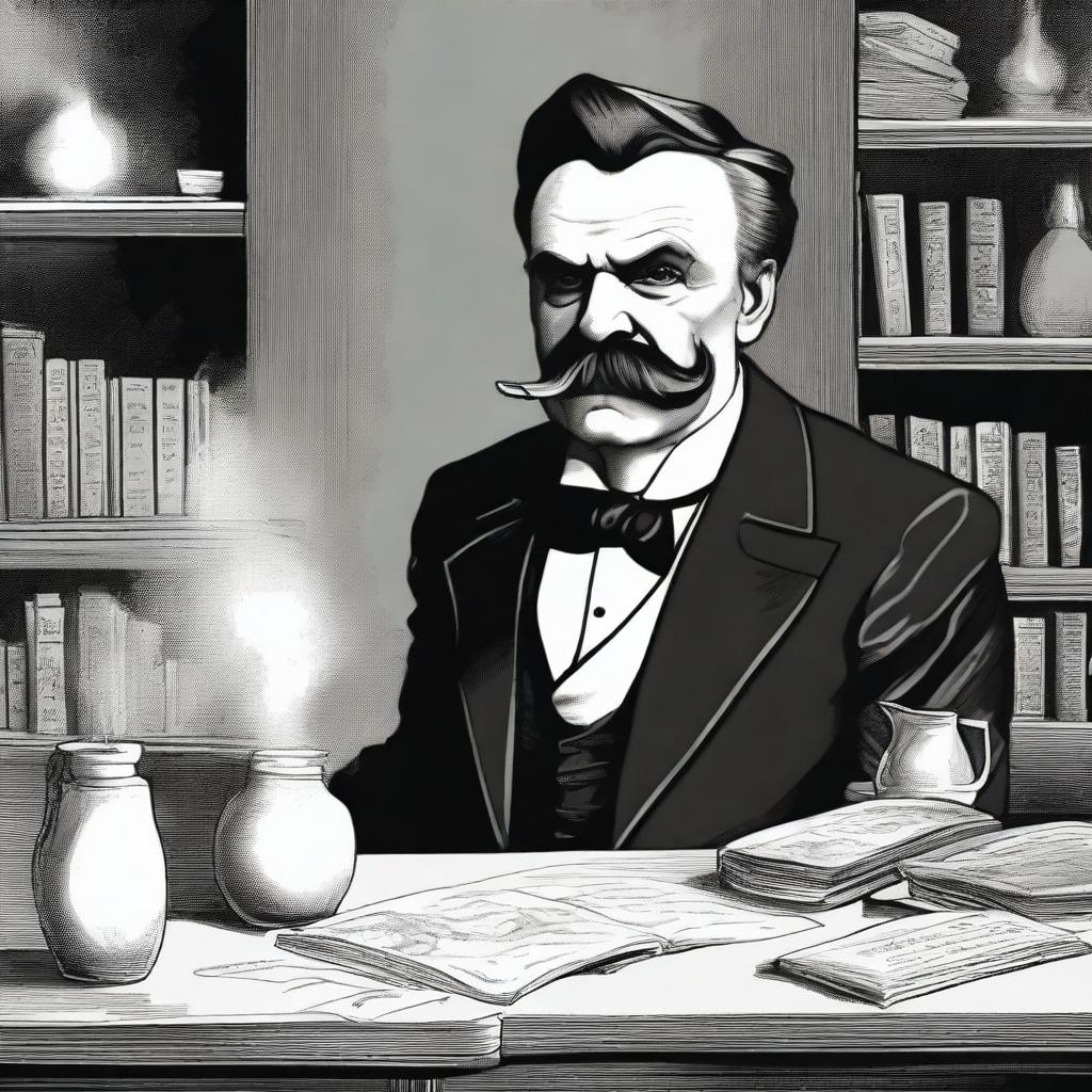 A detailed illustration of Friedrich Nietzsche snorting flour from a table