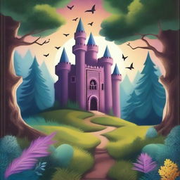 Create a captivating book cover featuring an enchanting forest with a mysterious pathway leading to an ancient castle in the distance