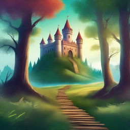 Create a captivating book cover featuring an enchanting forest with a mysterious pathway leading to an ancient castle in the distance