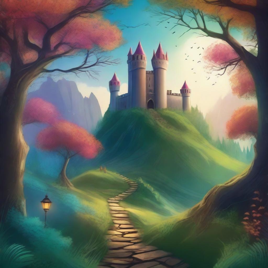 Create a captivating book cover featuring an enchanting forest with a mysterious pathway leading to an ancient castle in the distance