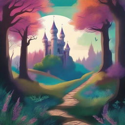 Create a captivating book cover featuring an enchanting forest with a mysterious pathway leading to an ancient castle in the distance