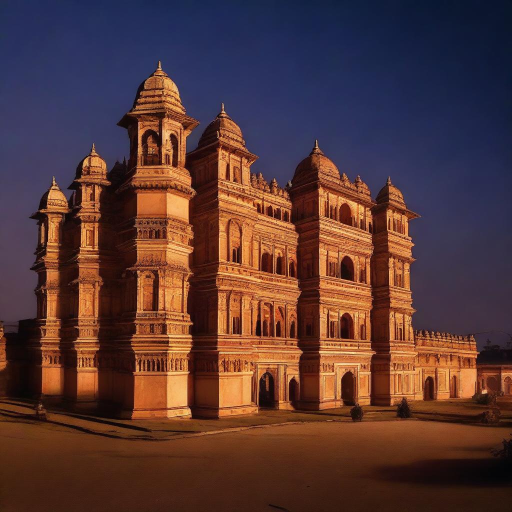 A stunning view of Orchha Palace illuminated at night, showcasing its intricate architecture and historical grandeur