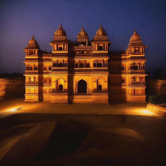 A stunning view of Orchha Palace illuminated at night, showcasing its intricate architecture and historical grandeur