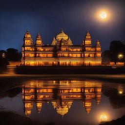 A stunning view of Orchha Palace illuminated at night, showcasing its intricate architecture and historical grandeur