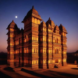 A stunning view of Orchha Palace illuminated at night, showcasing its intricate architecture and historical grandeur