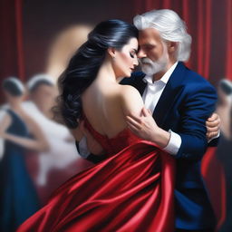 Create a hyperrealistic portrait of a beautiful woman wearing a red gown with silver shining hair and deep blue eyes