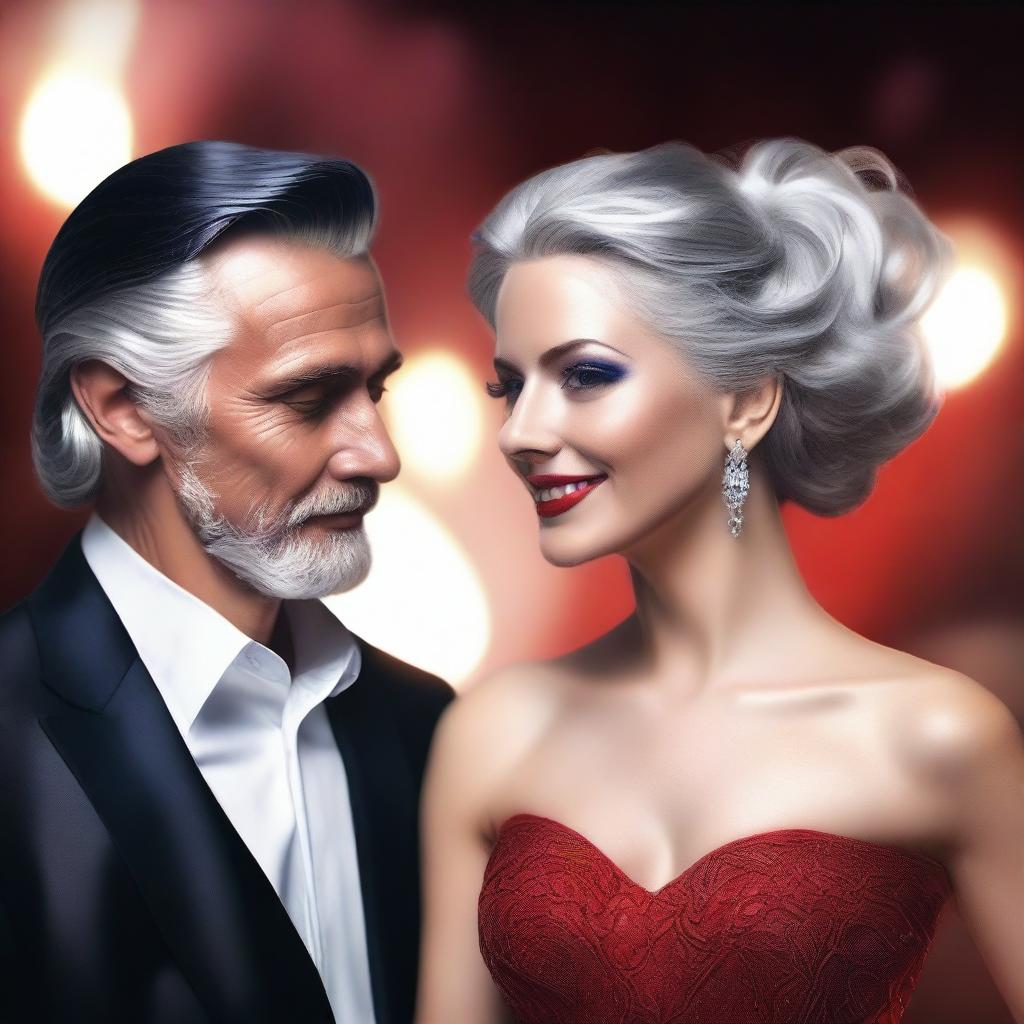 Create a hyperrealistic portrait of a beautiful woman wearing a red gown with silver shining hair and deep blue eyes