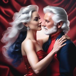 Create a hyperrealistic portrait of a beautiful woman wearing a red gown with silver shining hair and deep blue eyes