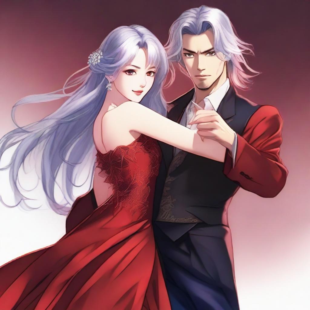 Create a hyperrealistic anime-style portrait of an adult woman wearing a beautiful red gown with silver shining hair and deep blue eyes