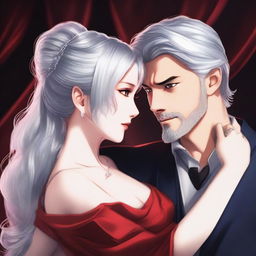 Create a hyperrealistic anime-style portrait of an adult woman wearing a beautiful red gown with silver shining hair and deep blue eyes