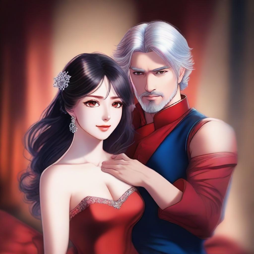 Create a hyperrealistic anime-style portrait of an adult woman wearing a beautiful red gown with silver shining hair and deep blue eyes