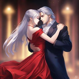 Create a hyperrealistic anime-style portrait of an adult woman wearing a beautiful red gown with silver shining hair and deep blue eyes