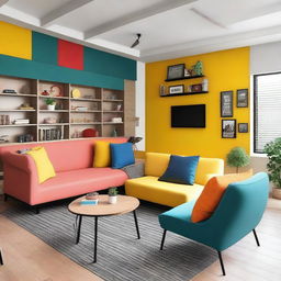 A cozy lounge designed for students to relax, featuring a comfortable sofa, a bar table, a computer set, and books