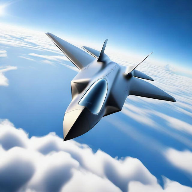 A realistic depiction of a next-generation stealth fighter jet flying through the sky