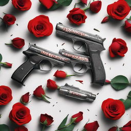 A striking and dramatic image featuring two AMT Hardballer pistols lying side by side, with a delicate bouquet of bright red roses intertwined between them