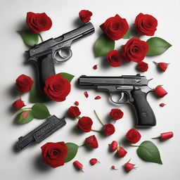 A striking and dramatic image featuring two AMT Hardballer pistols lying side by side, with a delicate bouquet of bright red roses intertwined between them