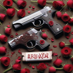 A striking and dramatic image featuring two AMT Hardballer pistols lying side by side, with a delicate bouquet of bright red roses intertwined between them