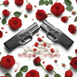 A striking and dramatic image featuring two AMT Hardballer pistols lying side by side, with a delicate bouquet of bright red roses intertwined between them