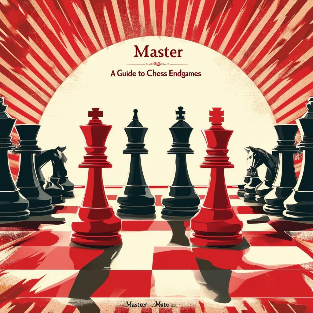 Create a book cover for 'Master' with the subtitle 'A Guide to Chess Endgames' featuring an intense chessboard scene in the final stages, with prominent kings and a sophisticated color palette