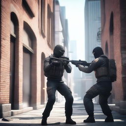 An intense standoff scene from a game called Standoff2, featuring two characters aiming their weapons at each other in a highly detailed and realistic environment