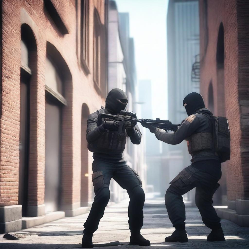 An intense standoff scene from a game called Standoff2, featuring two characters aiming their weapons at each other in a highly detailed and realistic environment