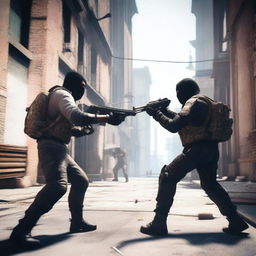 An intense standoff scene from a game called Standoff2, featuring two characters aiming their weapons at each other in a highly detailed and realistic environment