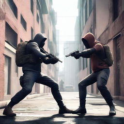 An intense standoff scene from a game called Standoff2, featuring two characters aiming their weapons at each other in a highly detailed and realistic environment