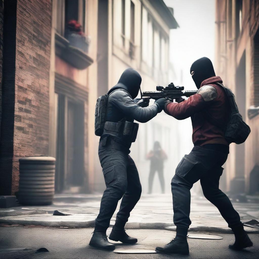 An intense standoff scene from a game called Standoff2, featuring two characters aiming their weapons at each other in a highly detailed and realistic environment