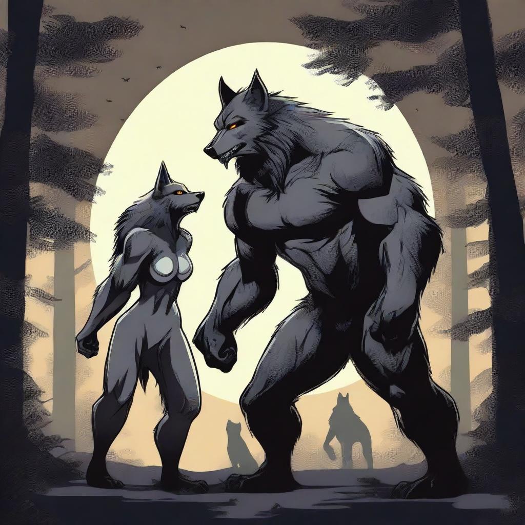 A detailed illustration of a male and female werewolf standing side by side