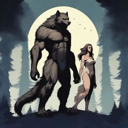 A detailed illustration of a male and female werewolf standing side by side