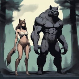 A detailed illustration of a male and female werewolf standing side by side