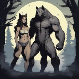 A detailed illustration of a male and female werewolf standing side by side