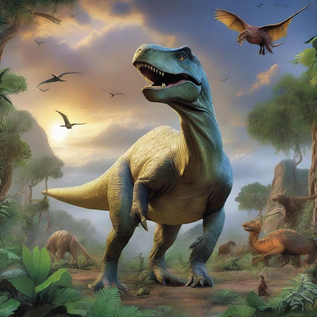 A captivating book cover featuring a realistic and detailed dinosaur scene