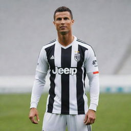 Cristiano Ronaldo striking a pose in a football field wearing his Juventus outfit