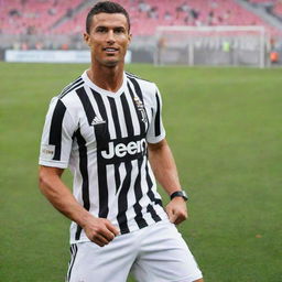 Cristiano Ronaldo striking a pose in a football field wearing his Juventus outfit