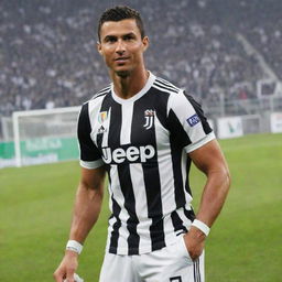 Cristiano Ronaldo striking a pose in a football field wearing his Juventus outfit