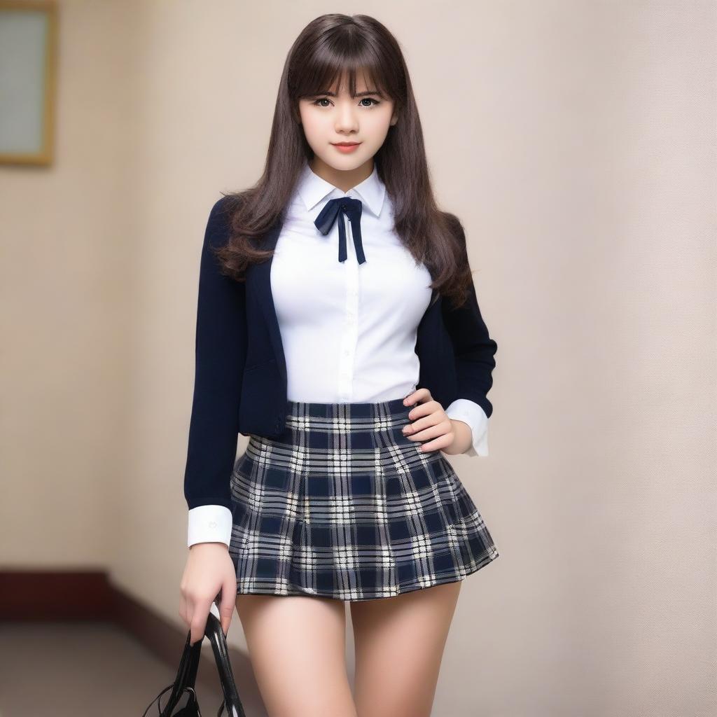 A tall young brunette wearing a schoolgirl uniform with a miniskirt, tight top, and high heels