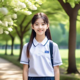 A stunning 18-year-old girl wearing a school uniform, standing in a picturesque park