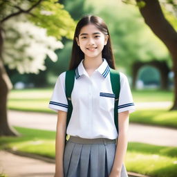 A stunning 18-year-old girl wearing a school uniform, standing in a picturesque park