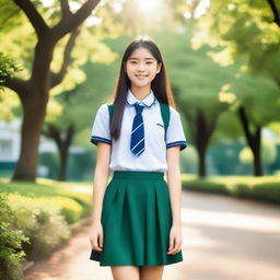 A stunning 18-year-old girl wearing a school uniform, standing in a picturesque park