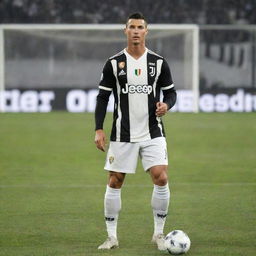 Cristiano Ronaldo striking a pose in a football field wearing his Juventus outfit