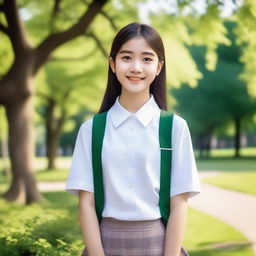 A stunning 18-year-old girl wearing a school uniform, standing in a picturesque park