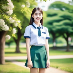 A beautiful 20-year-old girl wearing a school uniform, standing in a picturesque park