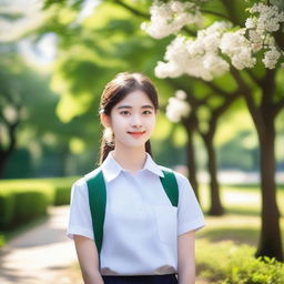 A beautiful 20-year-old girl wearing a school uniform, standing in a picturesque park