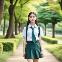 A beautiful 20-year-old girl wearing a school uniform, standing in a picturesque park