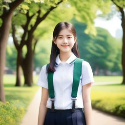 A beautiful 20-year-old girl wearing a school uniform, standing in a picturesque park