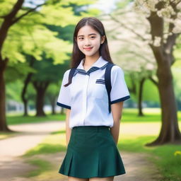 A beautiful 20-year-old girl wearing a school uniform, standing in a picturesque park